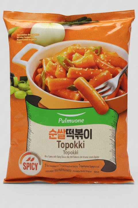Pulmuone Topokki packaging with a bowl of food and utensils on an orange background